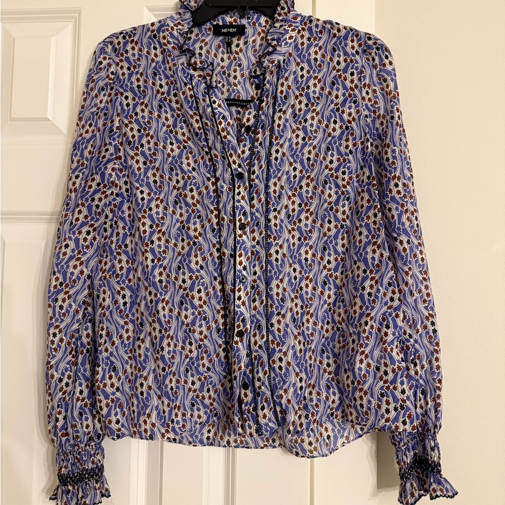 Blue, Purple, and Brown Patterned Women's Button-Up Blouse. Cotton/Silk.